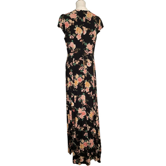 Forever 21 Womens Medium Black Floral Maxi Dress V Neck Cap Sleeve Contemporary - Picture 2 of 14